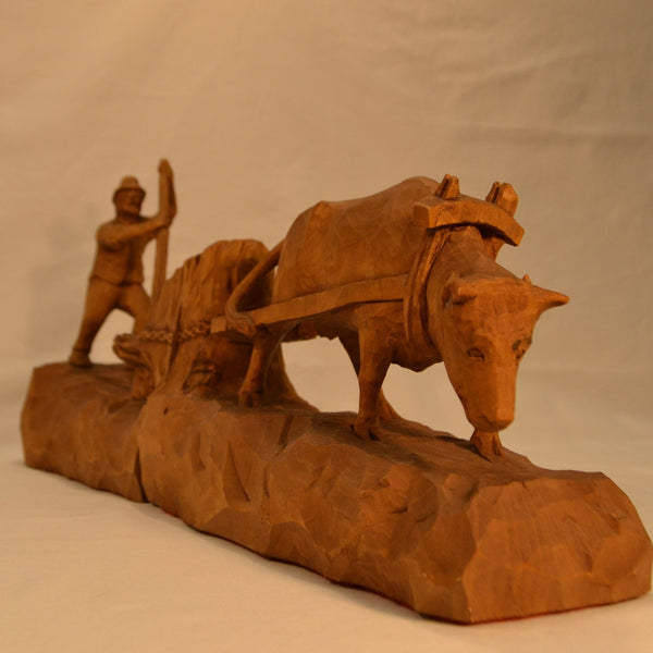Oxen pulling stump folk art wood carving front