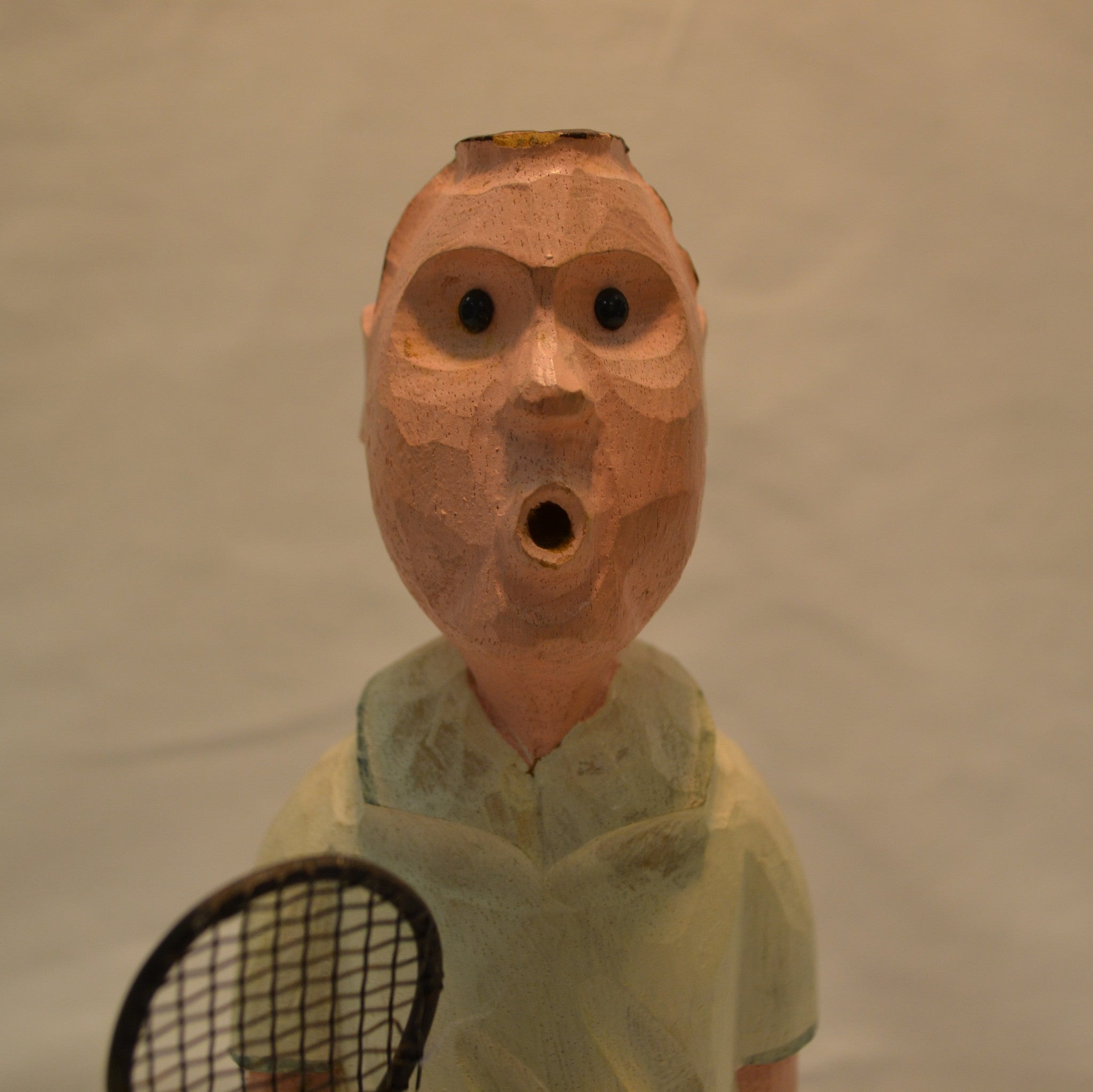 Tennis Player Folk Art carving - face - Langford Gallery