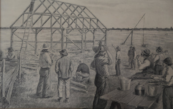 Barn Raising sketch by Edmond Massicotte